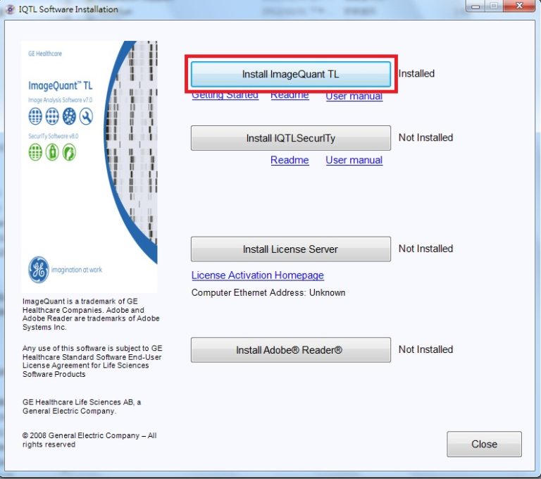 "ImageQuant TL software installation screen