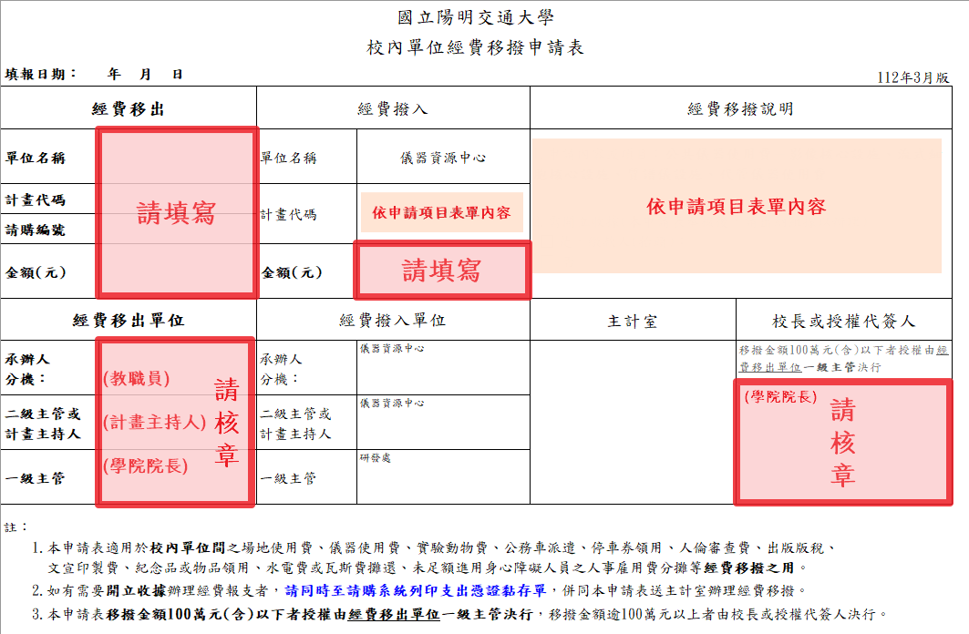 國立陽明交通大學 校內單位經費移撥申請表